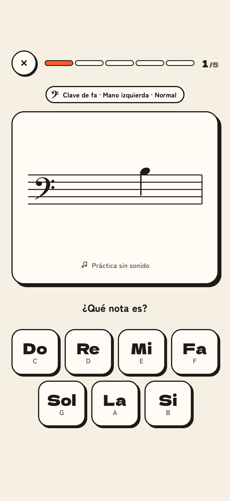 Ejercicio con una nota en el pentagrama y botones de respuesta