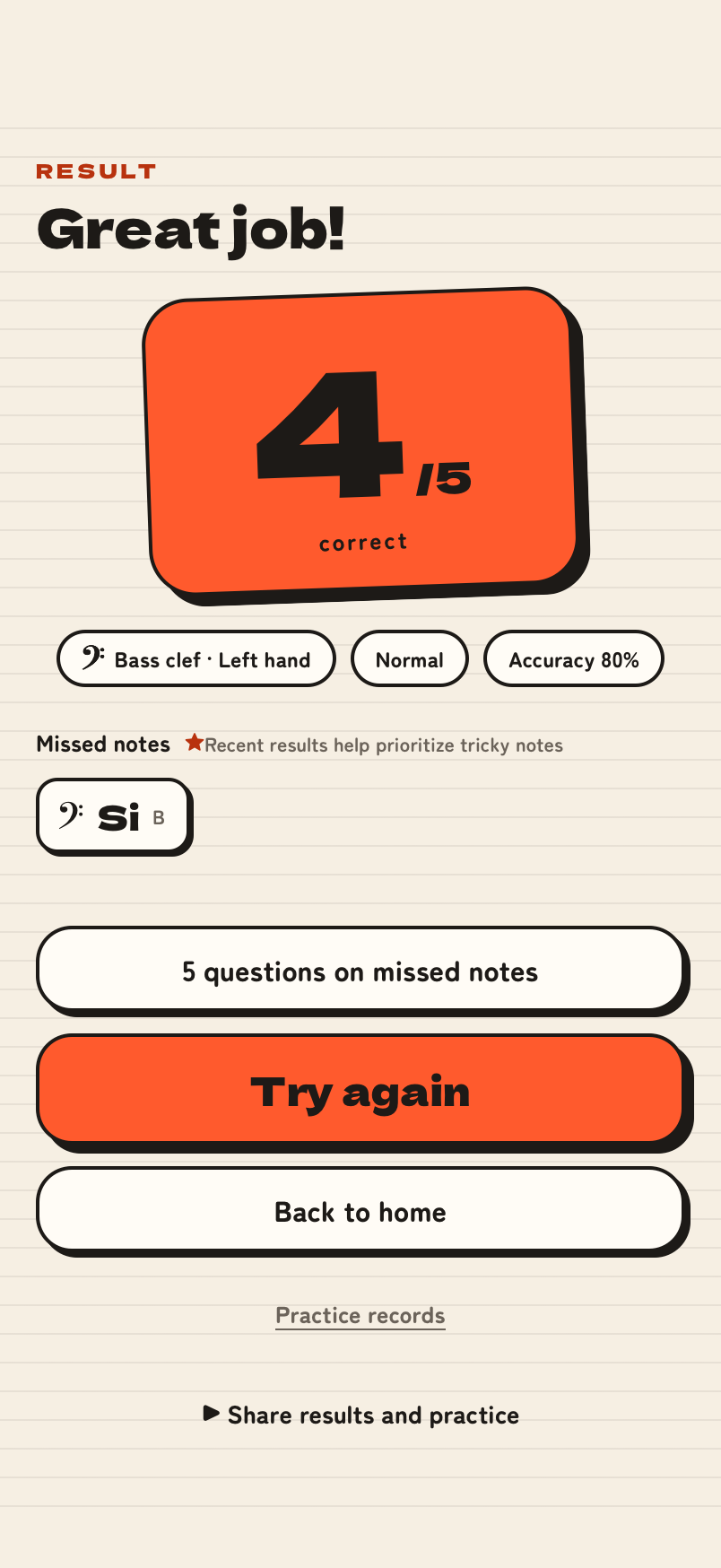 Results screen showing the score and missed notes